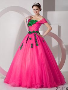 Modest Princess Off The Shoulder Organza Appliques Quinceanera Dress Hot Pink