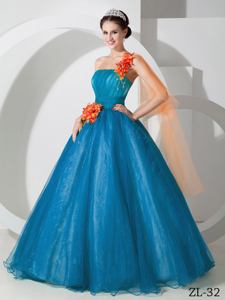 A-line One Shoulder Tea Organza Hand Made Flowers Quinceanera Gown Dresses