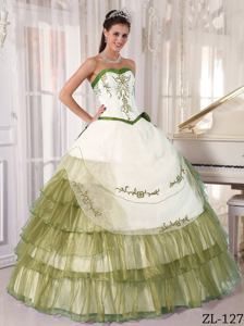 Sweetheart Satin and Organza Embroidery Quinceanera Dress in White and Olive