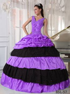 Ball Gown V-neck Purple and Black Taffeta Beading Sweet 15 Dresses in Brookline