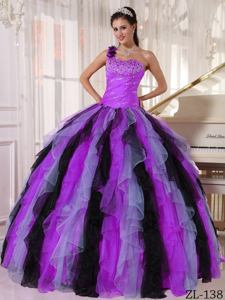 Multi-colored One Shoulder Organza Beading and Ruffles Quinceanera Gowns