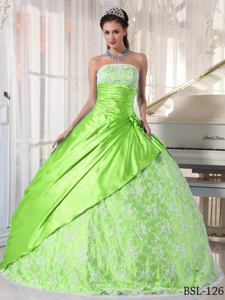 Spring Green Ball Gown Strapless Taffeta with Lace Quinceanera Gowns 2014