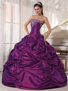 Purple Ball Gown Strapless Taffeta Sweet 15 Dresses with Embroidery and Pick-ups