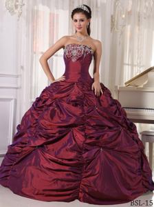 Modest Wine Red Strapless Taffeta with Embroidery Quinceanera Dress in Beverly