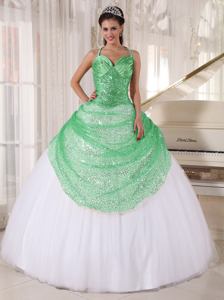 Green and White Spaghetti Straps Tulle and Sequin Appliques Quinceanera Dress