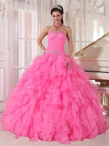 Hot Pink Strapless Organza Beading and Ruffles Quinceanera Dress in Arlington