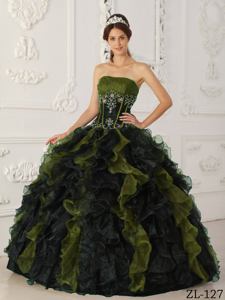 Cheap Olive and Black Strapless Taffeta and Organza Beading Quinceanera Dress