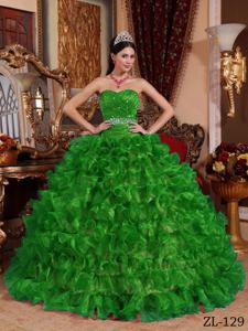 Green Ball Gown Sweetheart Organza Beading and Ruffles Quinceanera Gowns
