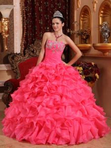 Hot Pink Strapless Organza Beading and Appliques Sweet 16 Dresses in Ocean City