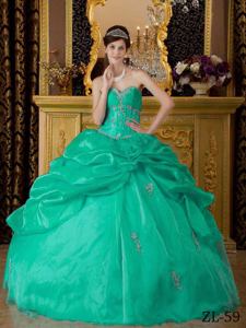 Turquoise Sweetheart Organza Appliques Quinceanera Dress in Gaithersburg MD