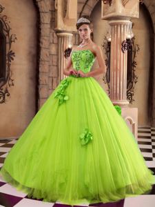 Spring Green Strapless Beading and Hand Made Flower Sweet Sixteen Dresses