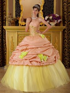 Pink and Yellow Strapless Beading Quinceanera Dress with Hand Made Flower