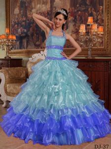 Halter Floor-length Organza Beaded Quinceanera Dress in Blue in Kerrville