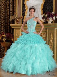Baby Blue One Shoulder Beaded Quinceanera Dress with Ruffles in Houston