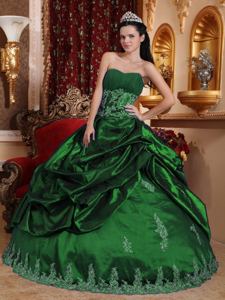Hunter Green Sweetheart Appliqued Quince Dress with Pick Ups in Abilene