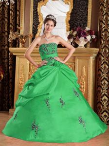 Green Strapless Floor-length Taffeta Embroidered Quince Dress in Clemson