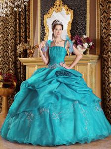 Teal Appliqued Quince Dresses with Spaghetti Straps and Pick Ups
