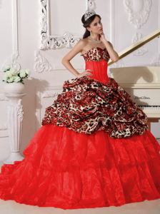Leopard Appliques Red Quinceanera Gown Dress with Brush Train
