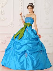 Strapless Taffeta Beaded Quinceanera Dress in Teal with Sash in Mendoza
