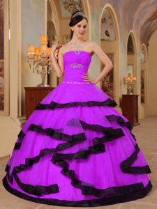 Fuchsia Strapless Floor-length Organza Quince Dress with Appliques