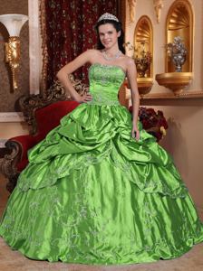 Strapless Embroidered Quince Dresses in Spring Green with Beading