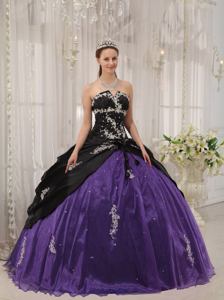 Strapless Floor-length Appliqued Quince Dress in Black and Purple