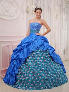 Strapless Floor-length Taffeta Beaded Quinceanera Dress in Blue in Castelar
