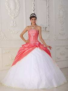 Orange Red and White Strapless Quinceanera Dress with Appliques