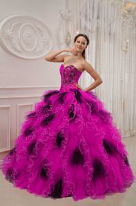 Sweetheart Beaded Ruched Quinceanera Dresses Hot Pink and Black