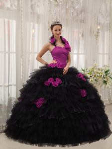 Halter Floor-length Hand Flowery Quince Dresses Fuchsia and Black