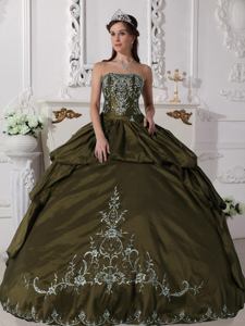 Olive Green Strapless Floor-length Quince Dress with Embroidery in Morn