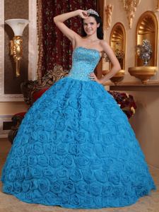 Strapless Beaded Quinceanera Dress with Rolling Flowers in Blue in Libertad