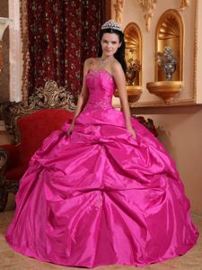 Strapless Floor-length Taffeta Beaded Quinceanera Dress in Hot Pink