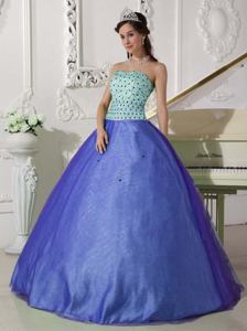 Blue Floor-length Tulle Sweet Sixteen Dresses with Beading in Concordia Argentina
