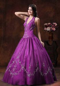 Halter Organza Purple Dress For Quinceanera with Embroidery in Temperley