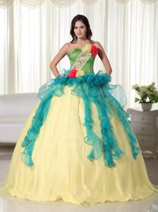 Strapless Floor-length Beaded Quinces Dress in Teal and Yellow in Temperley