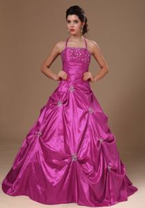Exclusive Fuchsia Halter Beaded Quinceanera Gowns with Pick Ups in Broomfield