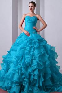 Sweetheart Aqua Blue Beaded Ruffled Elegant Sweet 16 Dresses with Brush Train