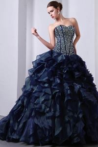 Dark Blue Sweetheart Beaded Ruffled Quinceanera Gowns with Brush Train in Denver