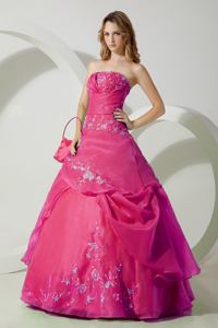 Hot Pink Strapless Embroidered Chiffon formal Quinceanera Dress in Fullerton