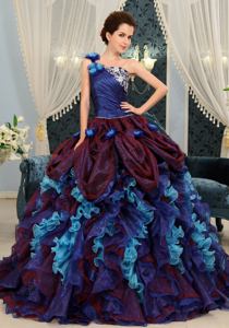 Muti-Color One Should Ruffled Gorgeous Quinceanera Dress with Handmade Flowers