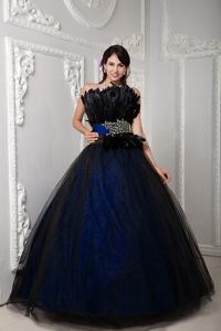 Black and Navy Blue Strapless Beaded Feathered Tulle Quinceanera Dress in Tucker