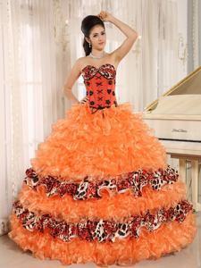 Sweetheart Leopard Printed Ruffled Quinceanera Gowns in Orange in Emeryville