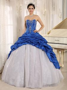 Sweetheart Appliqued White and Blue formal Pron Gowns with Pick Ups in Aptos