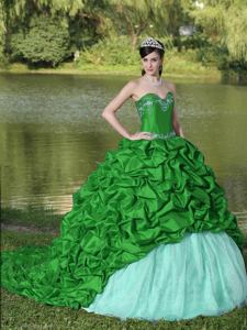 Green Sweetheart Appliqued Exclusive Quinceanera Dress with Brush Train in Chico