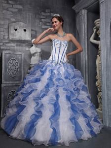 Blue and White Sweetheart Appliqued Ruffled Quinceanera Dresses in City Of industry