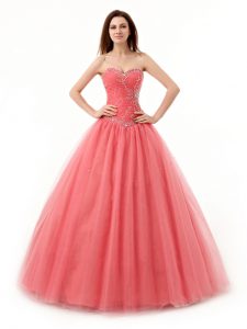 Floor Length Lace Up Sweet 16 Quinceanera Dress Watermelon Red for Military Ball and Sweet 16 and Quinceanera with Beading and Ruching