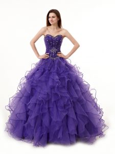 Sophisticated Organza Sweetheart Sleeveless Lace Up Beading and Ruffles Quinceanera Dresses in Purple