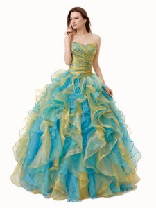 Luxury A-line Quince Ball Gowns Multi-color Sweetheart Organza Sleeveless Floor Length Lace Up
