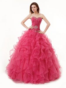 Floor Length Coral Red Quinceanera Gown Sweetheart Sleeveless Lace Up